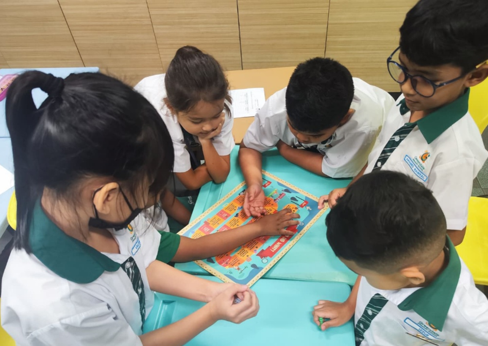 Students playing an educational board game during an English lesson.